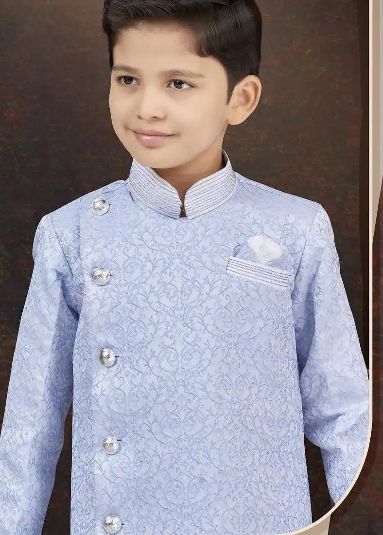 Blue jackard sherwani with silk dupion pajama for kids