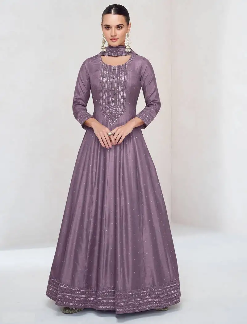 Purple embroidered vichitra silk free size stitched anarkali salwar suit semi stitched