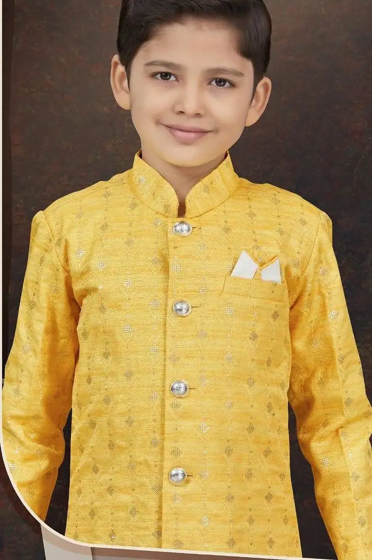 Yellow champion silk sherwani with silk dupion pajama for kids