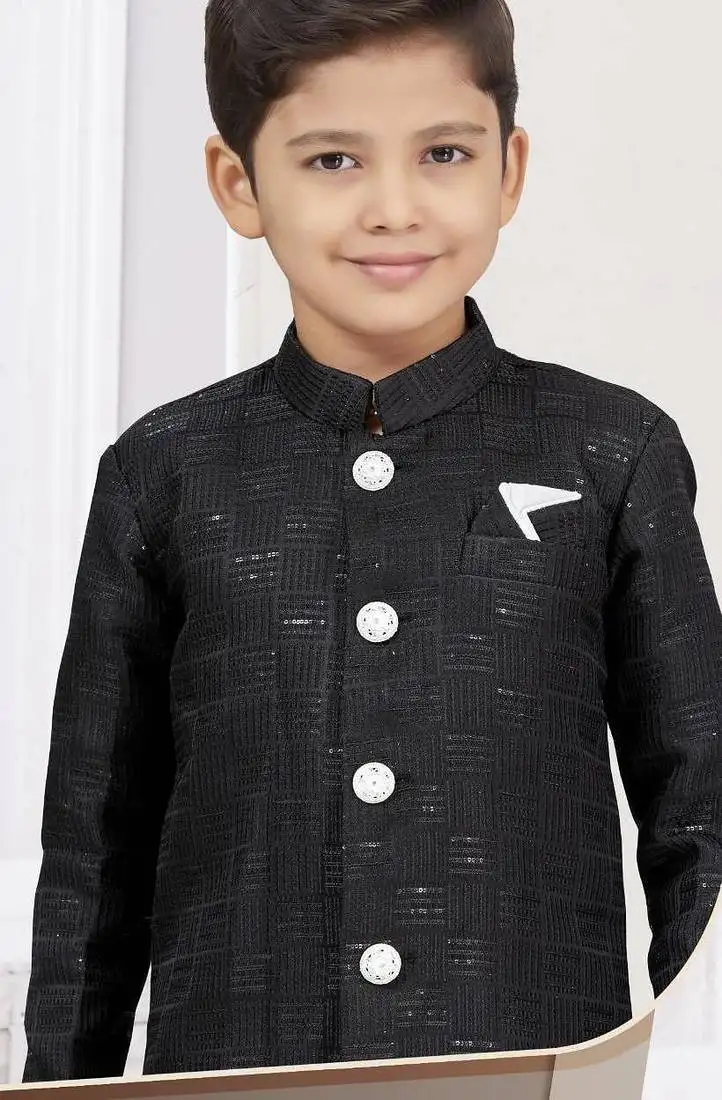Black kasak zari jackard sherwani with silk dupion pajama for kids