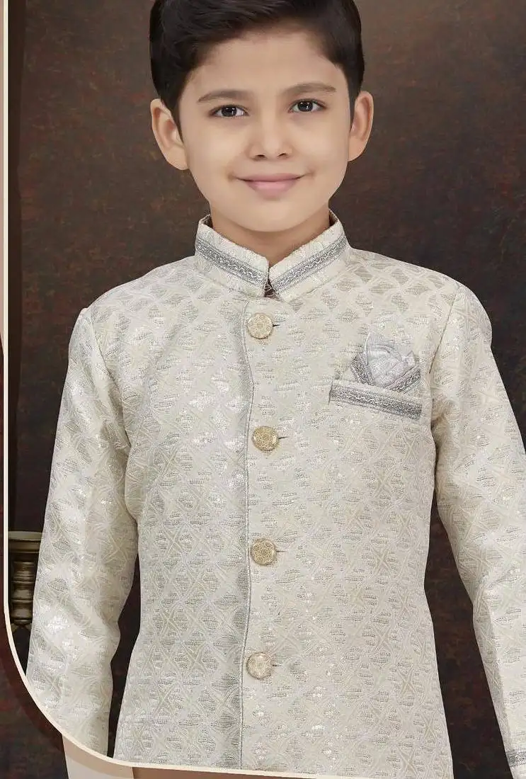White kasak zari jackard sherwani with silk dupion pajama for kids