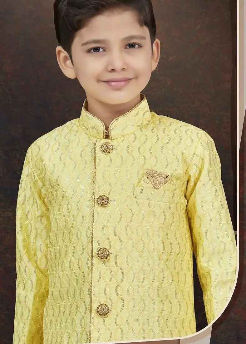 Yellow art silk sherwani with silk dupion pajama for kids