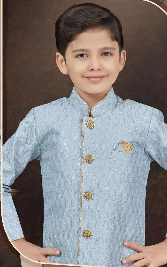 Blue art silk sherwani with silk dupion pajama for kids
