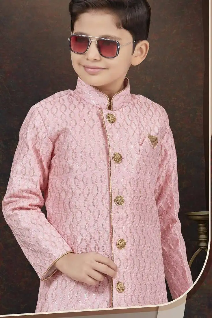 Pink art silk sherwani with silk dupion pajama for kids