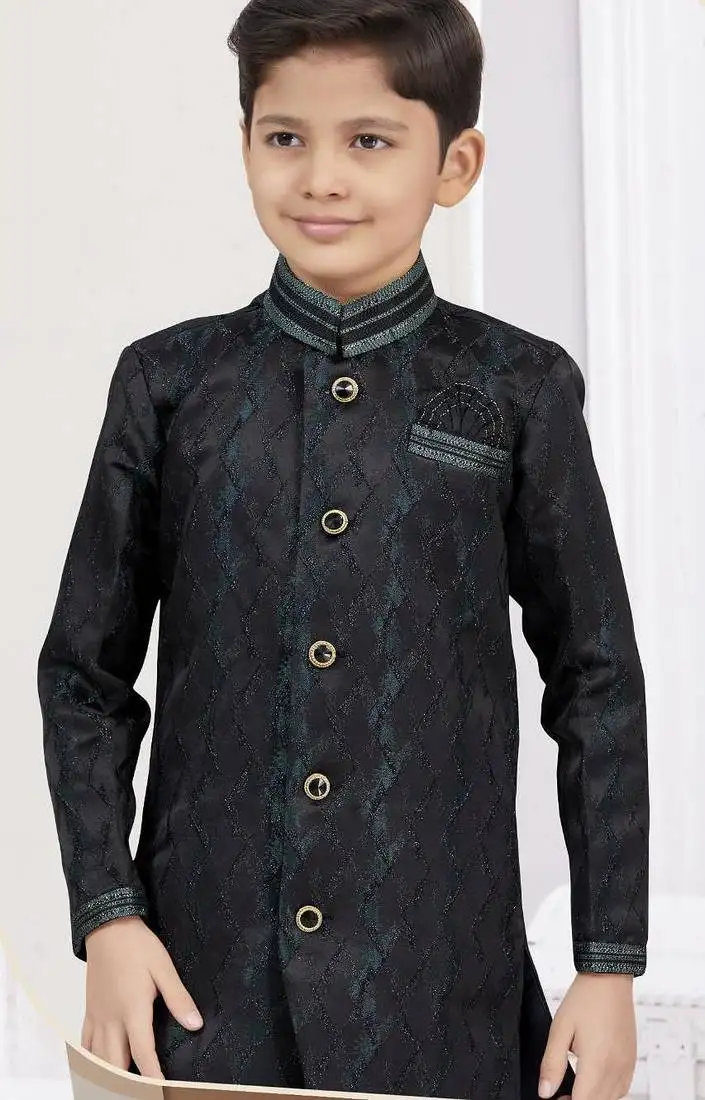 Black siyara jackard sherwani with silk dupion pajama for kids