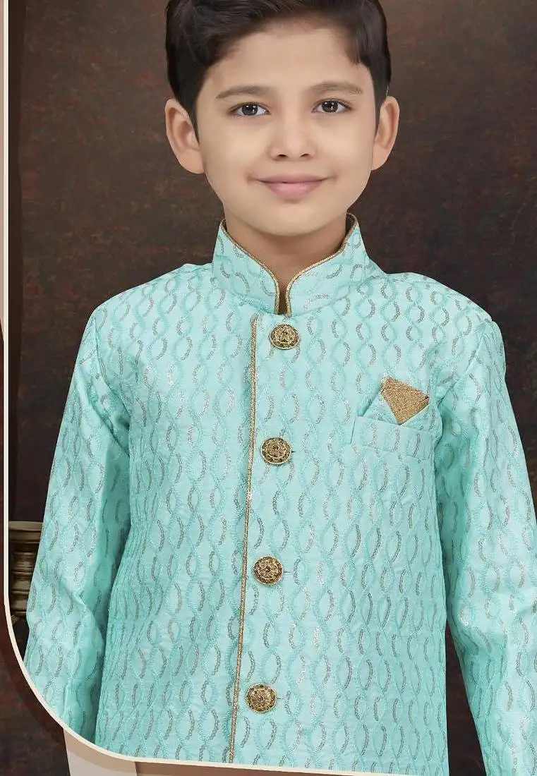Green art silk sherwani with silk dupion pajama for kids