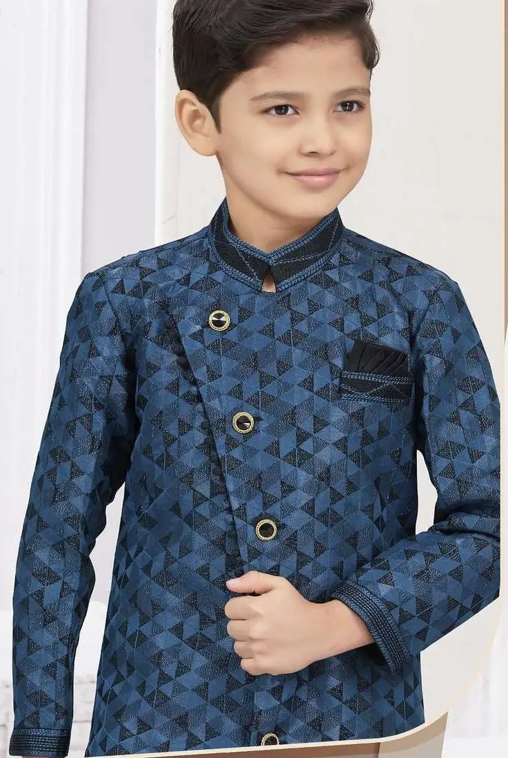 Blue singham jackard sherwani with silk dupion pajama for kids