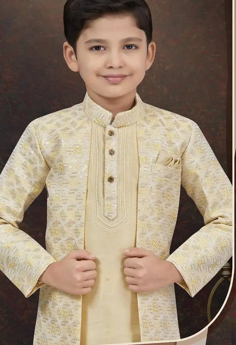 Yellow kasak zari jackard & banarasi silk indo western with silk dupion pajama for kids
