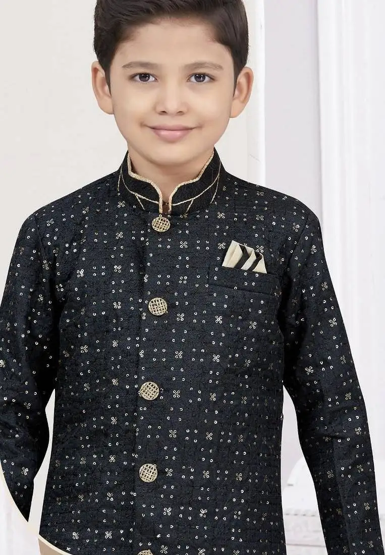 Black champion silk sherwani with silk dupion pajama for kids