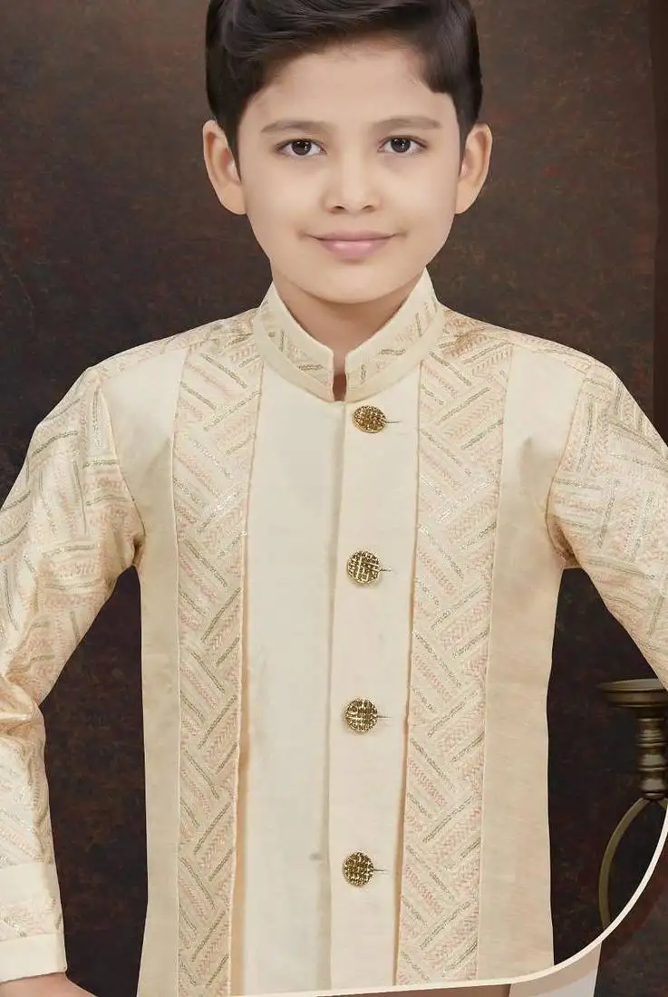 White power silk indo western with silk dupion pajama for kids