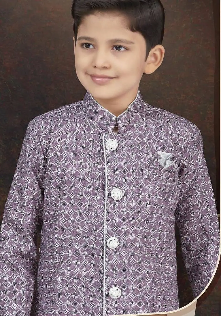 Purple jackard sherwani with silk dupion pajama for kids