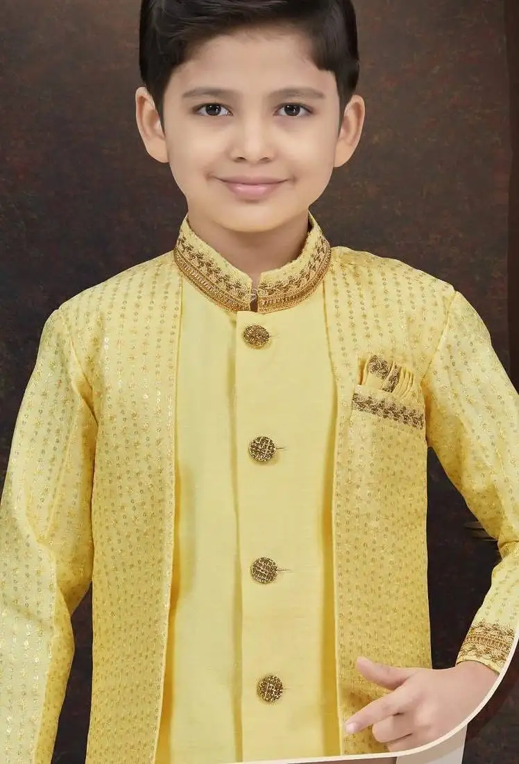 Yellow banarasi silk indo western with silk dupion pajama for kids