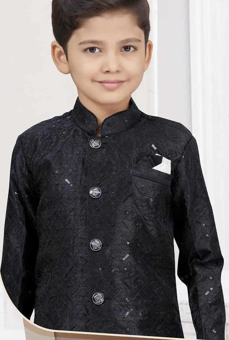 Black banarasi silk sherwani with silk dupion pajama for kids