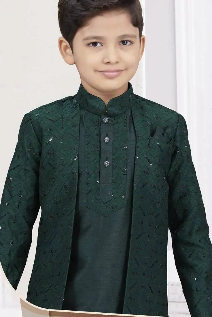 Green banarasi silk indo western with silk dupion pajama for kids
