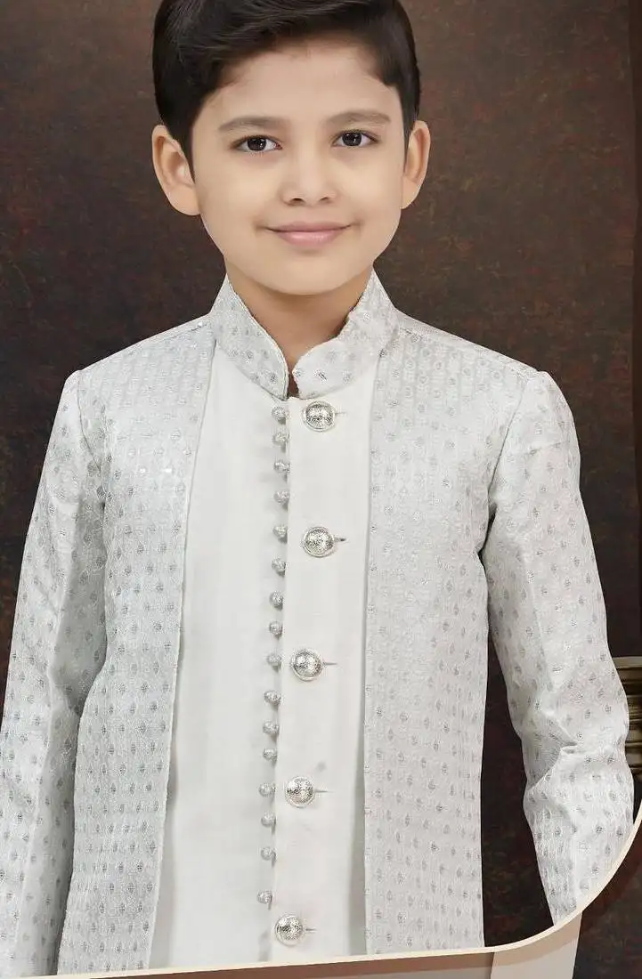 White kasak zari jackard & banarasi silk indo western with silk dupion pajama for kids