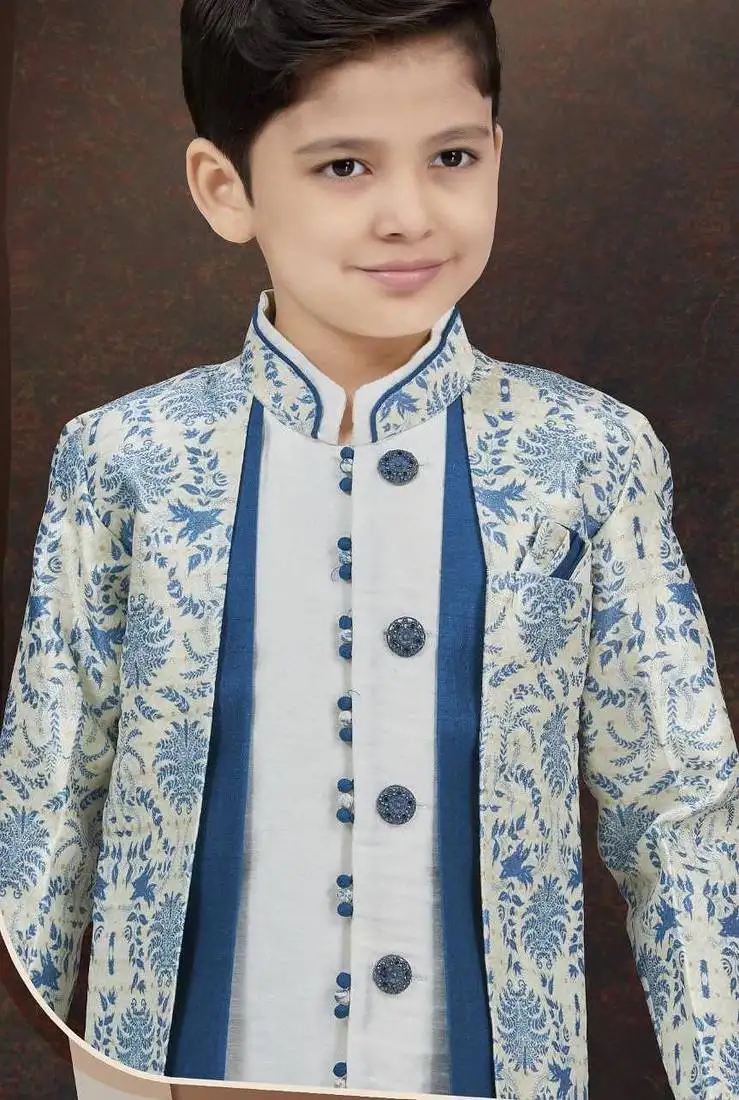 White jackard & banarasi silk indo western with silk dupion dhoti for kids