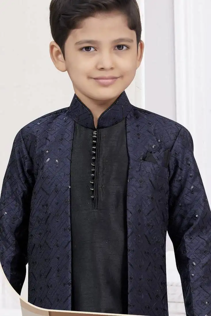 Black banarasi silk indo western with silk dupion pajama for kids