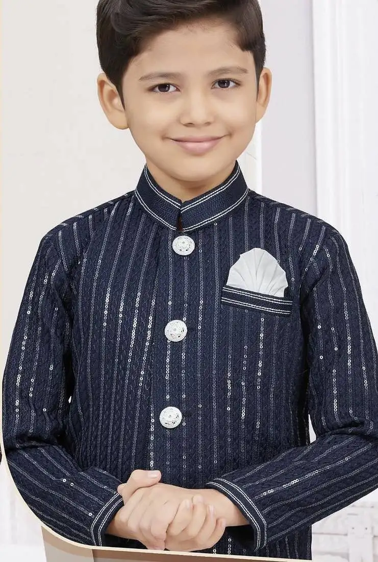 Blue imported silk sherwani with silk dupion dhoti for kids