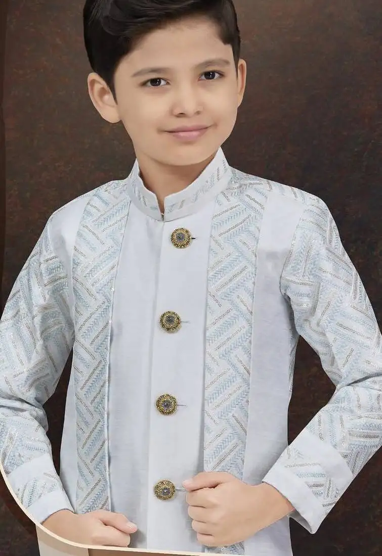 White power silk indo western with silk dupion dhoti for kids