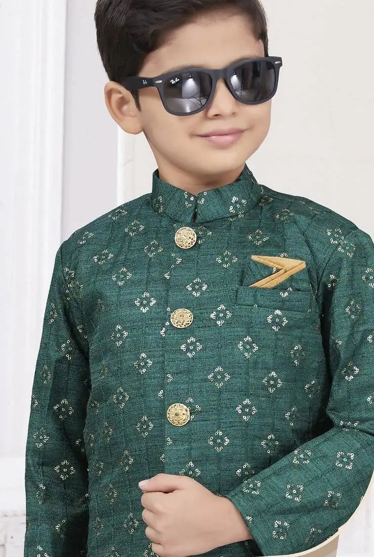 Green champion silk sherwani with silk dupion pajama for kids