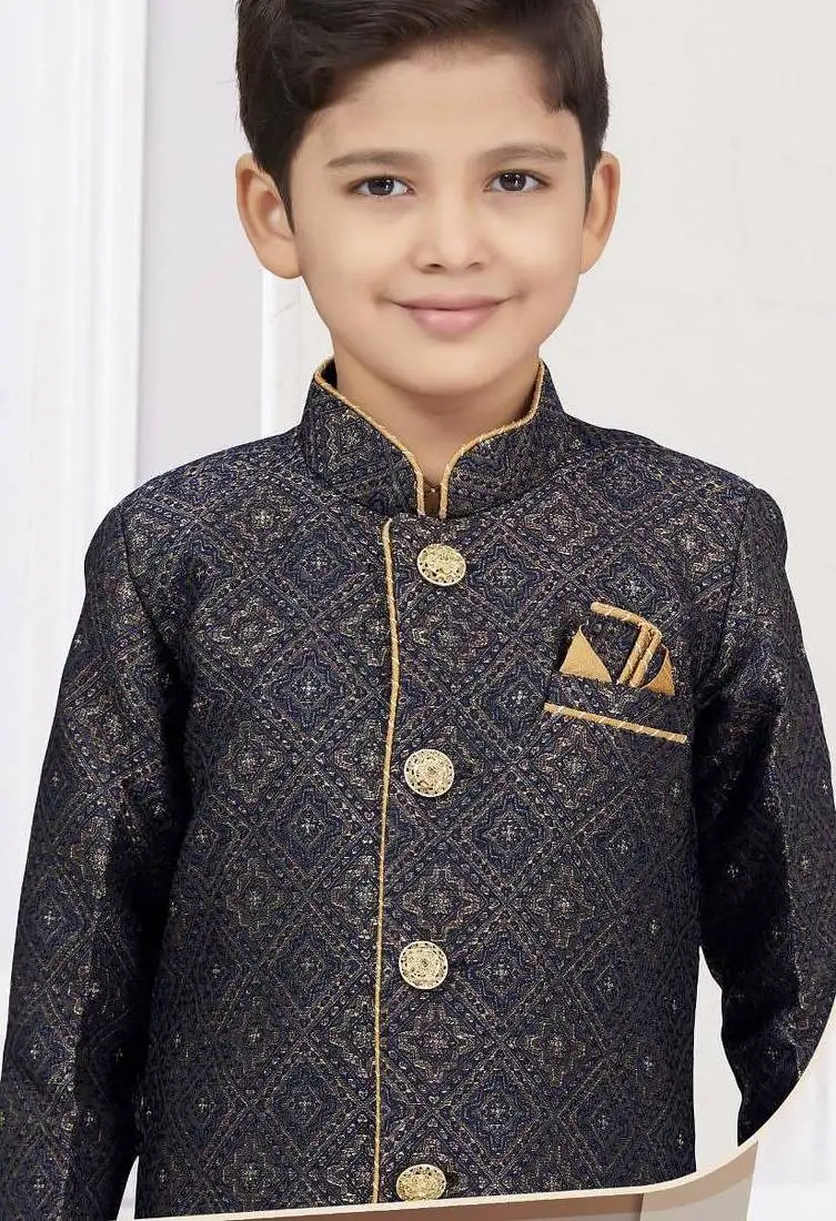 Blue zari jackard sherwani with silk dupion pajama for kids