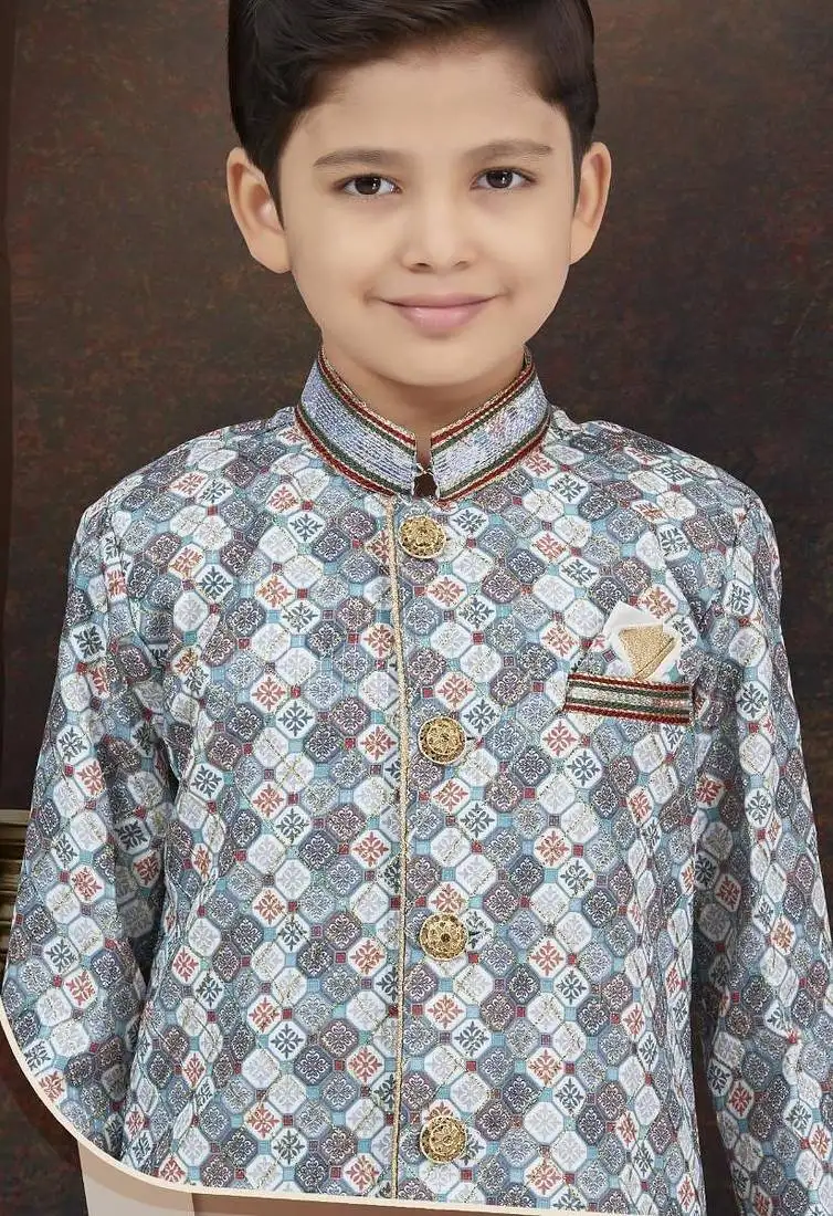 White jackard sherwani with silk dupion pajama for kids