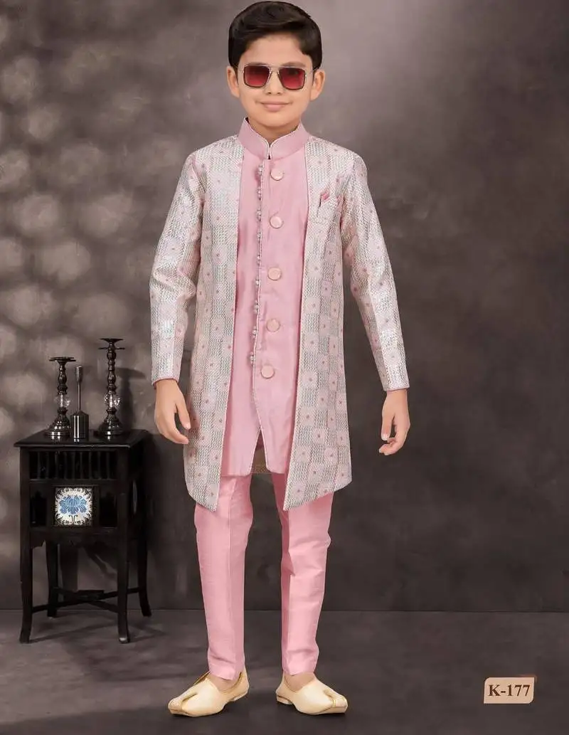Pink pure silk indo western with silk dupion pajama for kids