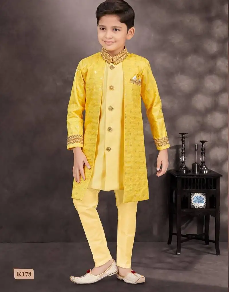 Yellow champion silk & banarasi silk indo western with silk dupion pajama for kids