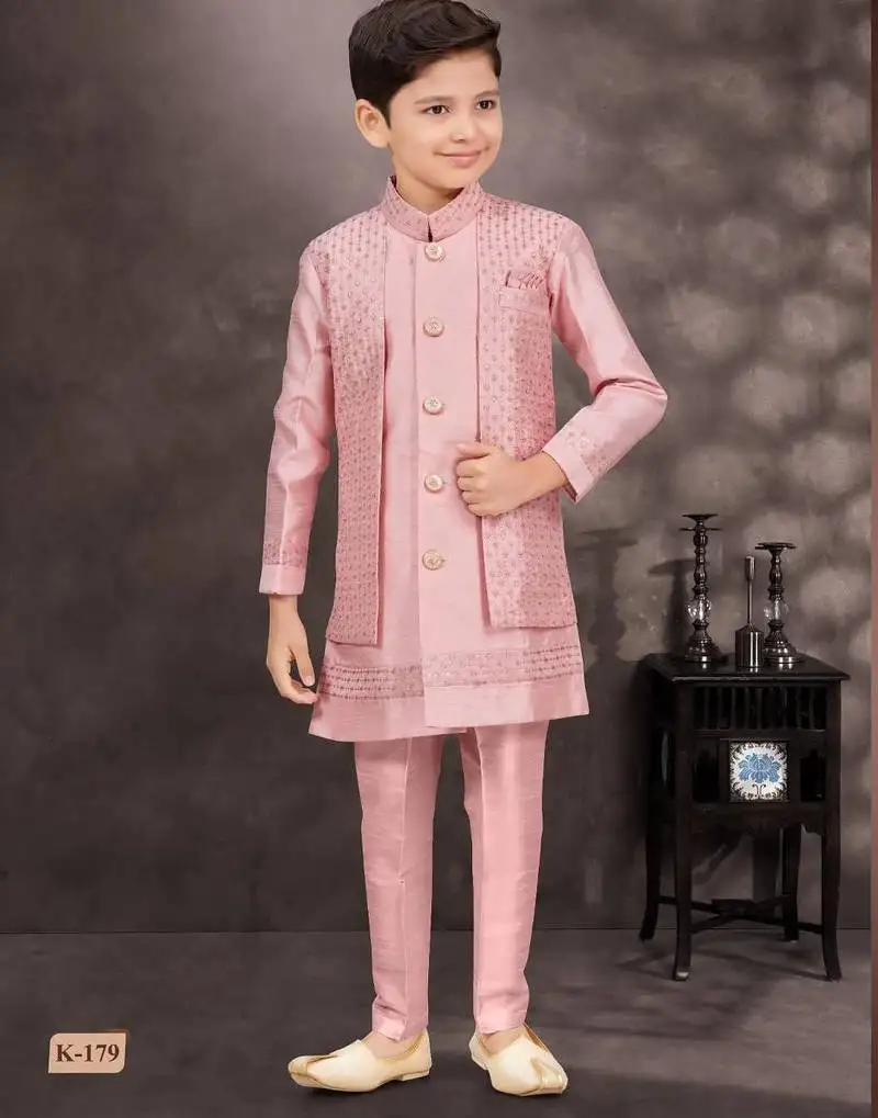 Pink banarasi silk indo western with silk dupion pajama for kids