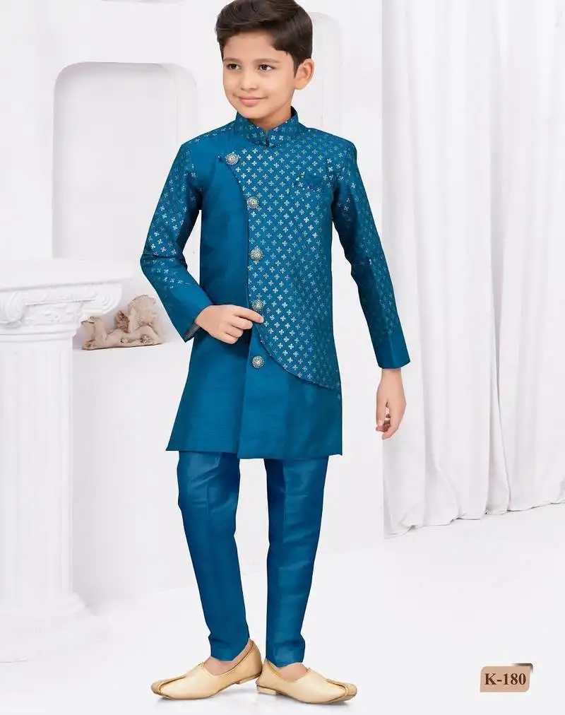 Blue banarasi silk sherwani with silk dupion pajama for kids