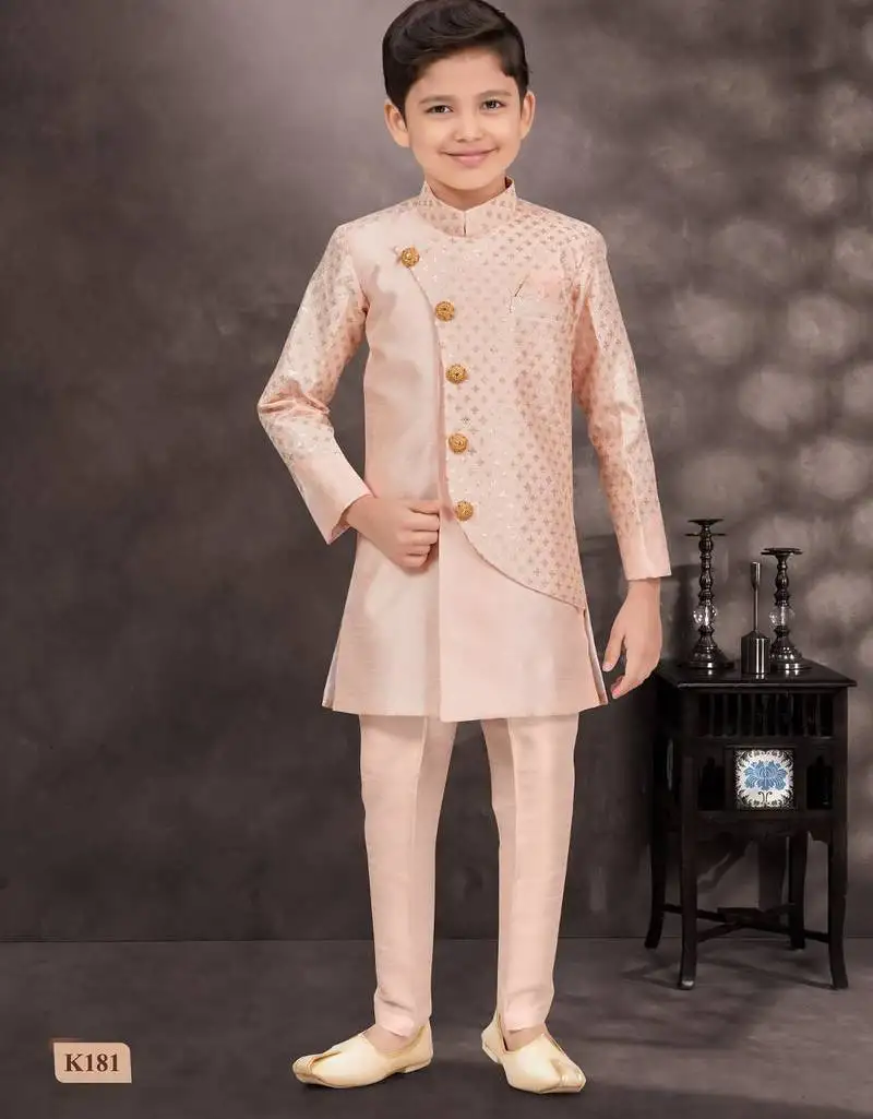 Pink banarasi silk sherwani with silk dupion pajama for kids
