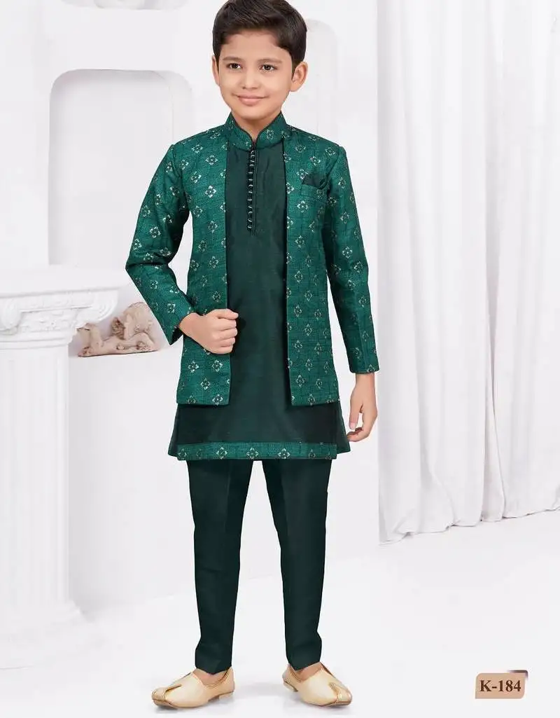 Green champion silk & banarasi silk indo western with silk dupion pajama for kids
