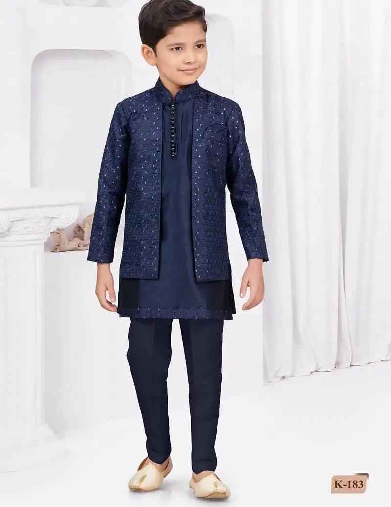 Blue champion silk & banarasi silk indo western with silk dupion pajama for kids