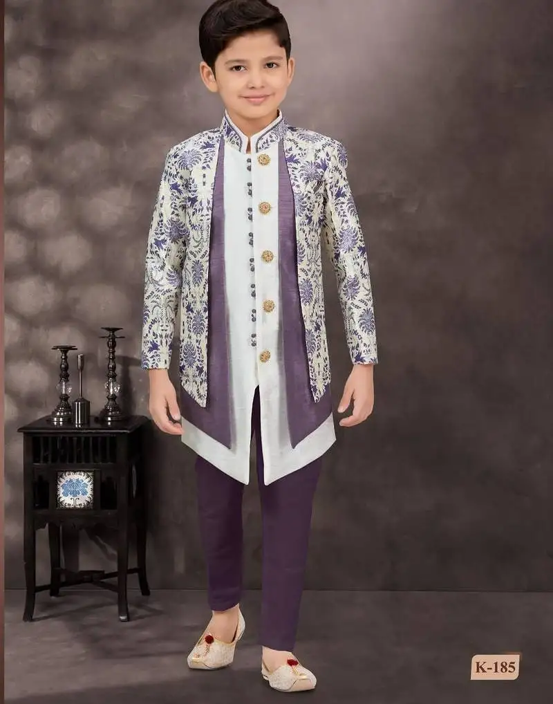 White jackard & banarasi silk indo western with silk dupion pajama for kids