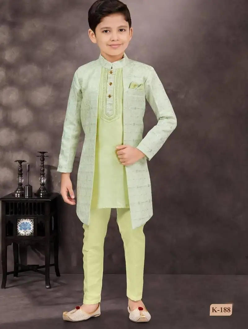 Green jackard & banarasi silk indo western with silk dupion pajama for kids