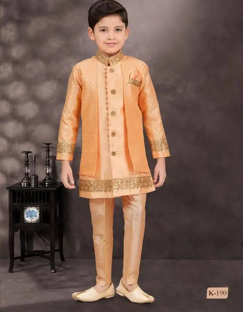 Orange banarasi silk indo western with silk dupion pajama for kids