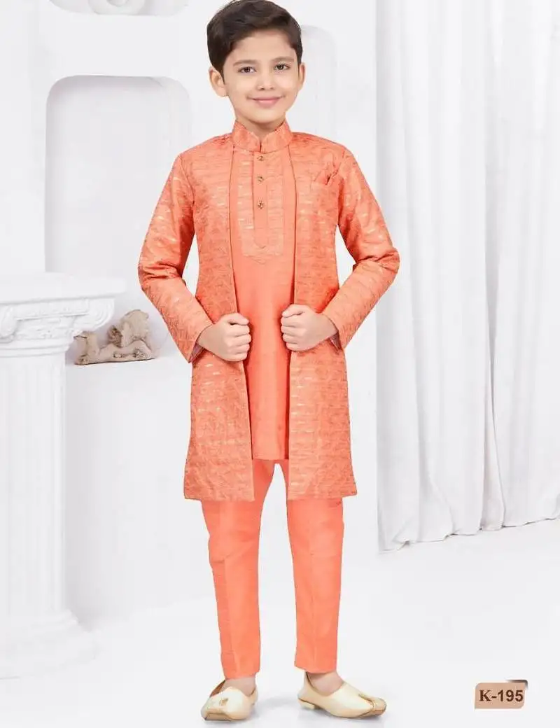 Orange champion silk & banarasi silk indo western with silk dupion pajama for kids