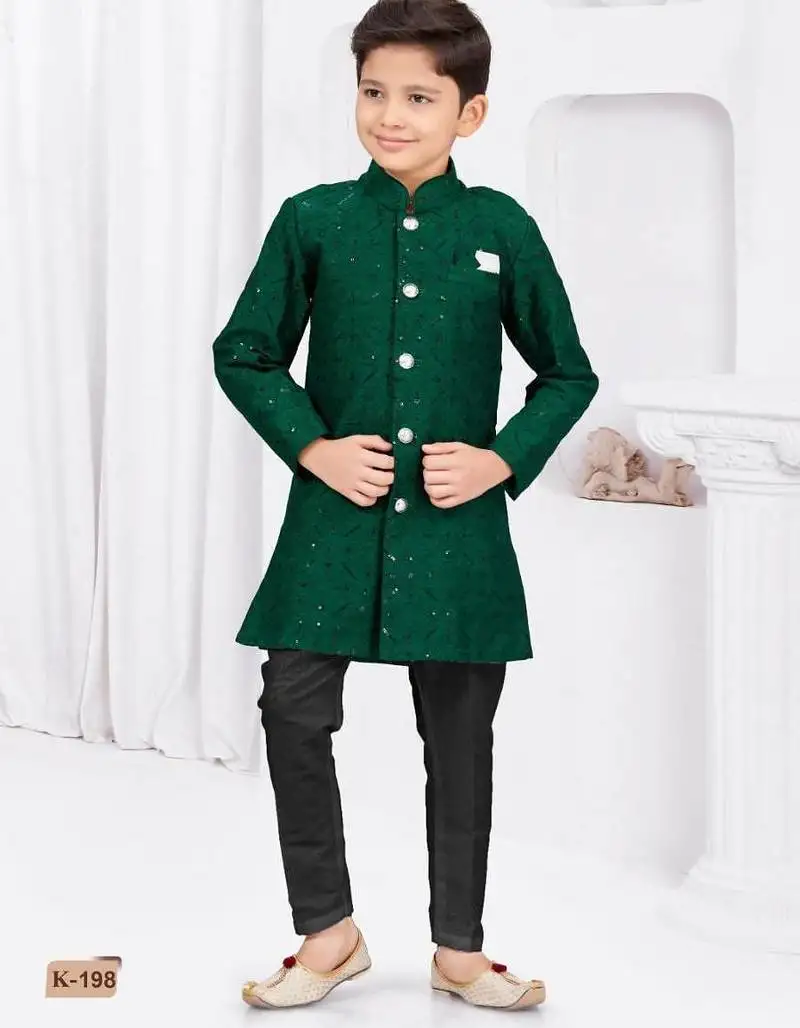 Green banarasi silk sherwani with silk dupion pajama for kids