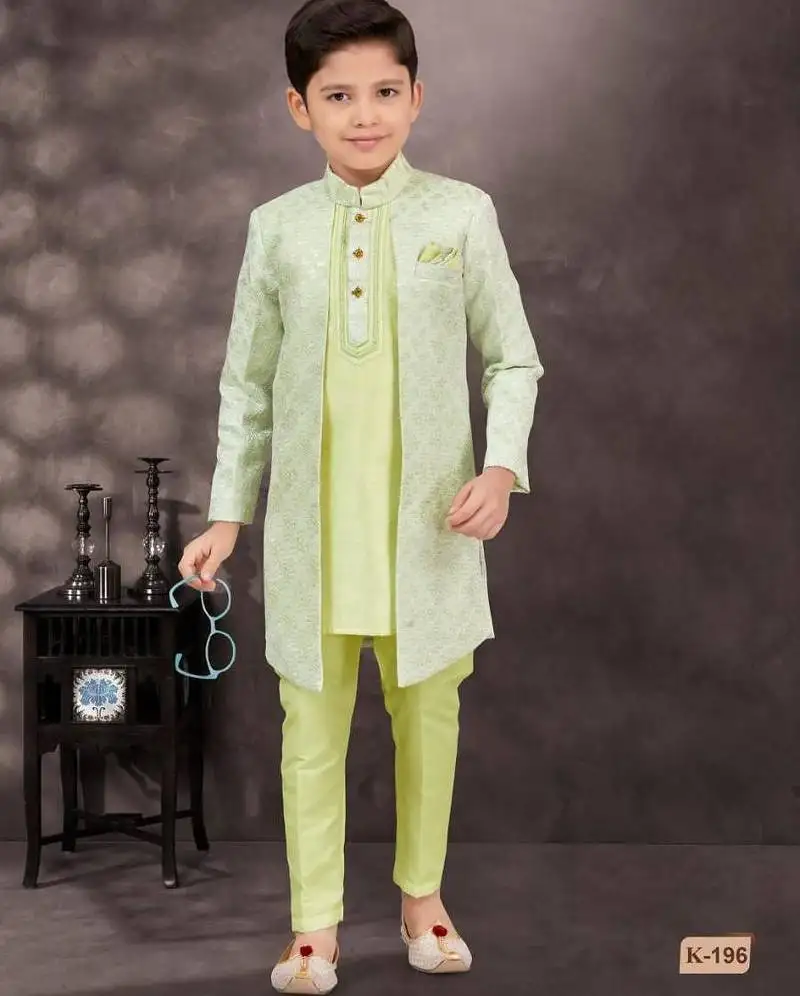 Green kasak zari jackard & banarasi silk indo western with silk dupion pajama for kids
