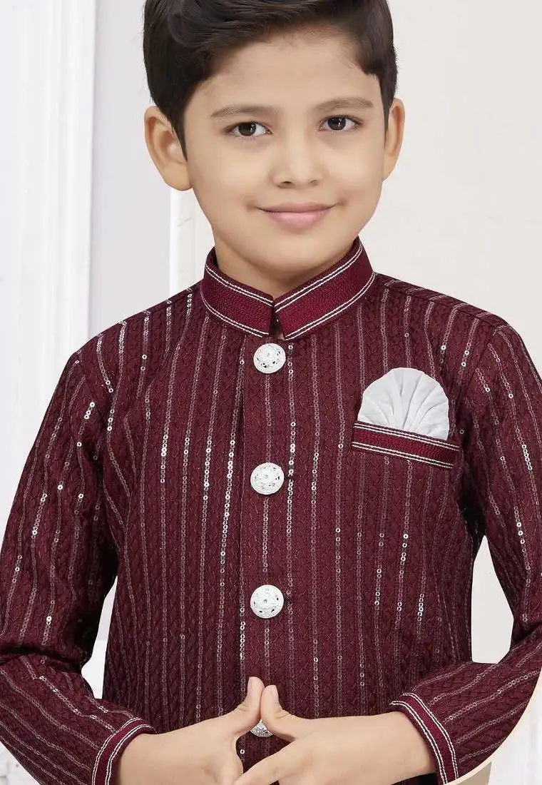 Marron imported silk sherwani with silk dupion dhoti for kids