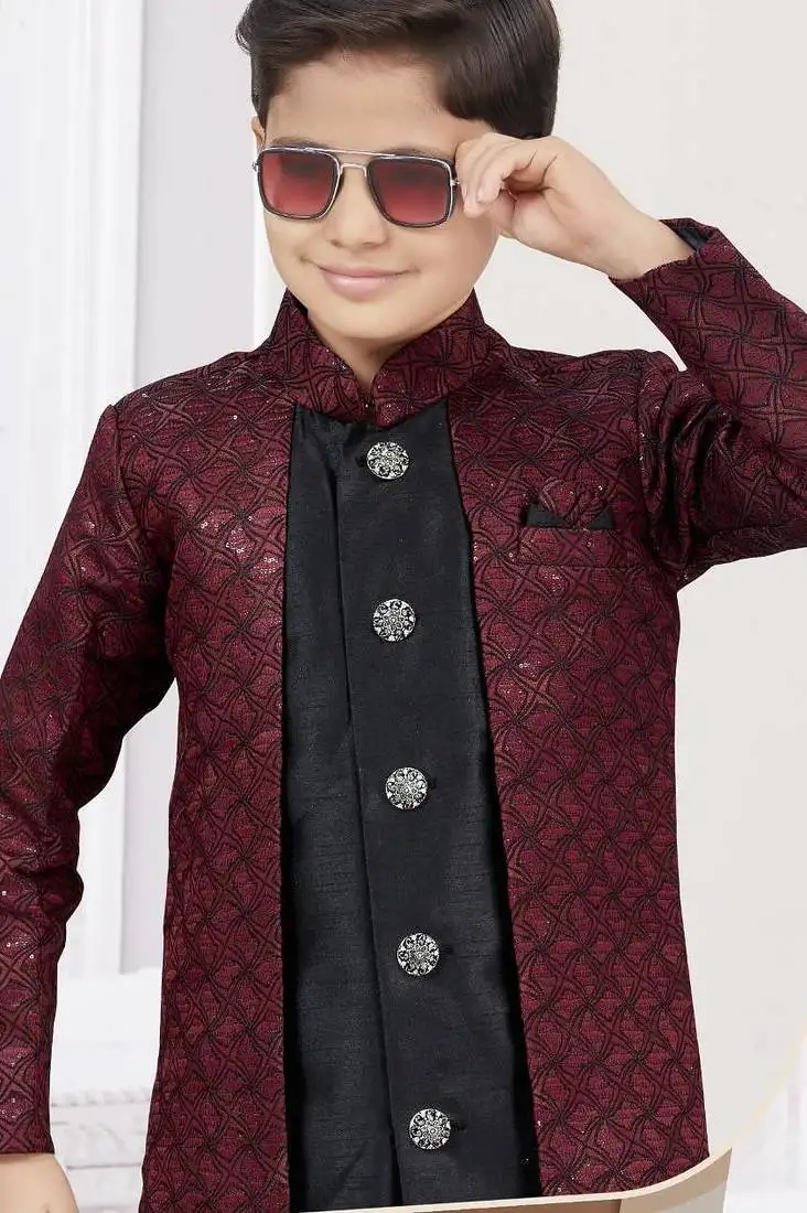 Marron kasak zari jackard & banarasi silk indo western with silk dupion pajama for kids