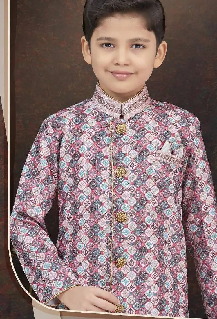 Multcolor jackard sherwani with silk dupion pajama for kids