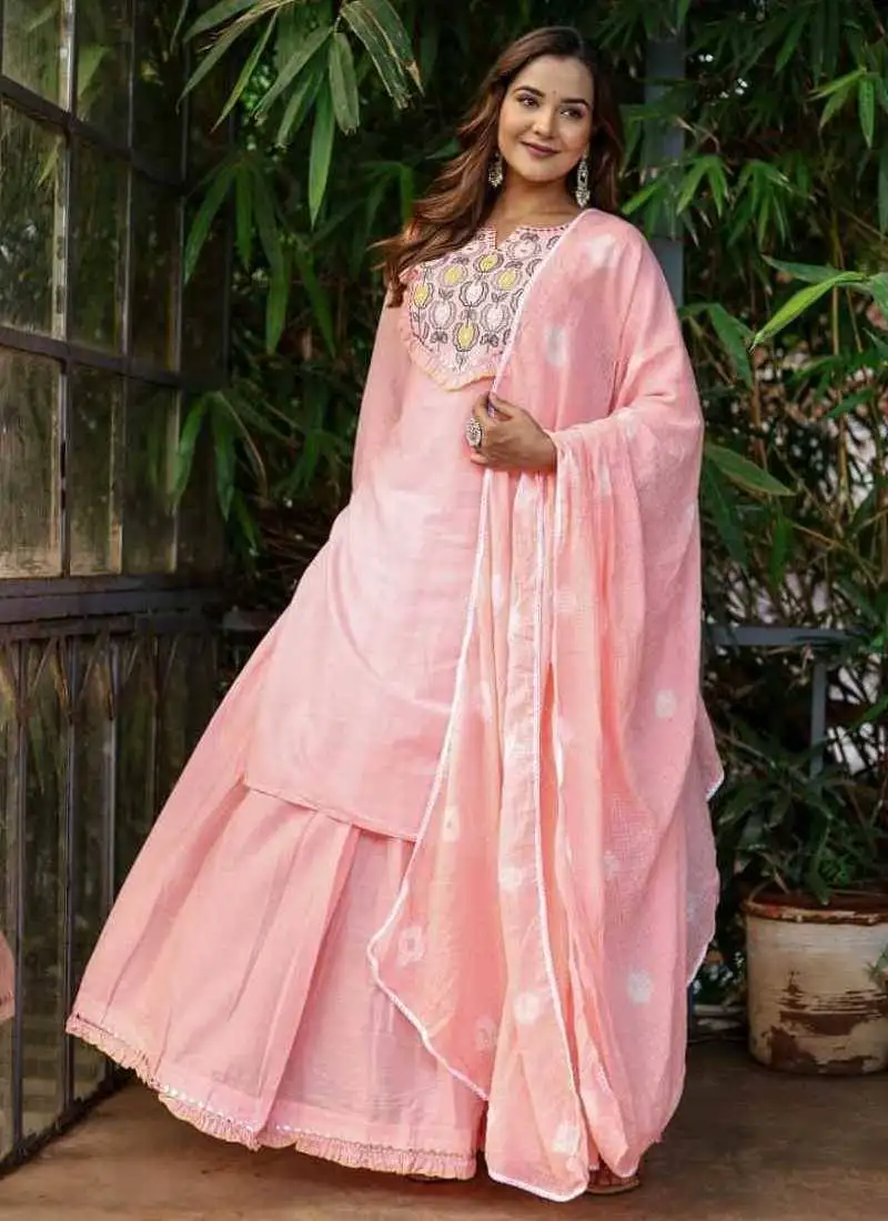 Cotton cambric dyed kurti-skirt-dupatta set