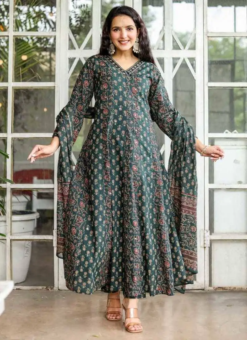 Cotton cambric printed anarkali kurti-pant-dupatta set