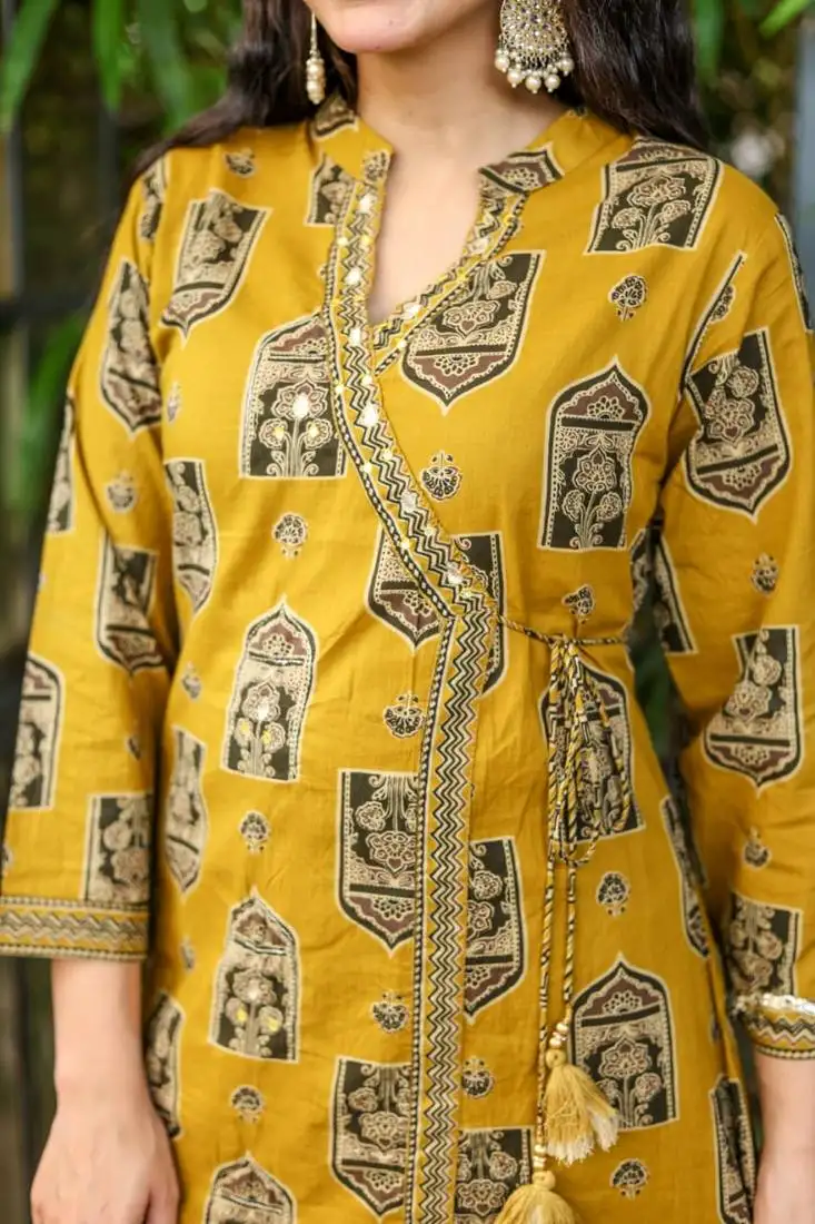 Cotton printed angrakha kurti-pant-dupatta set