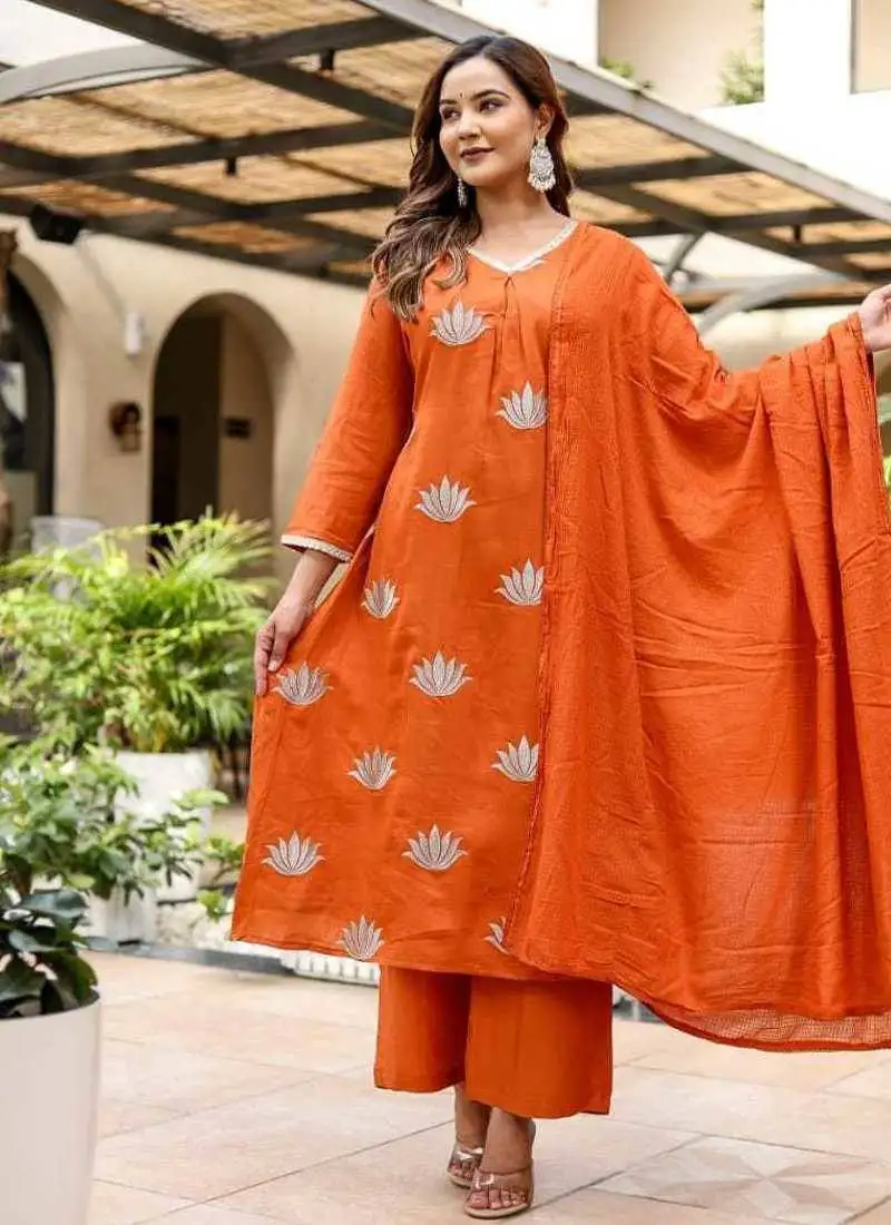 Cotton satin a-line kurti-pant-dupatta set