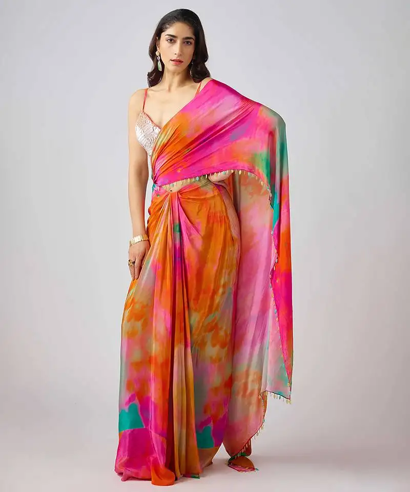Multicolor printed crepe saree