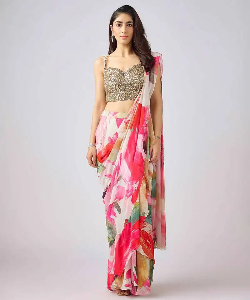 Multicolor printed georgette saree