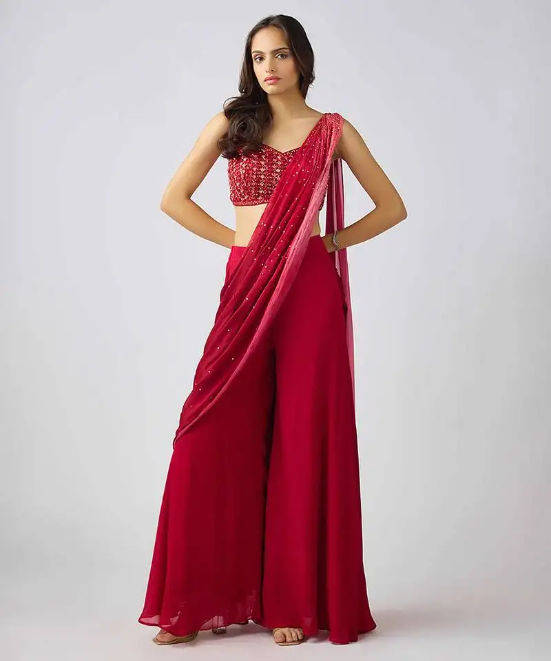 Red plain nylon saree
