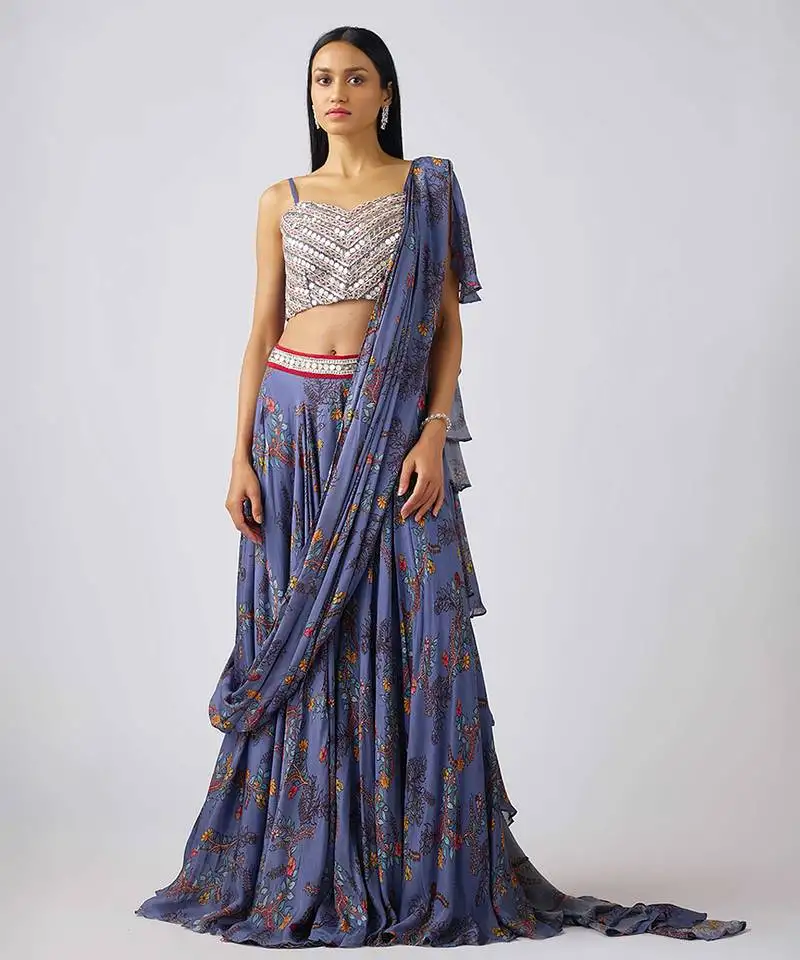 Blue printed nylon saree